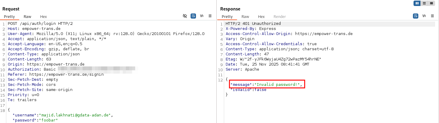 different error messages reveal valid usernames