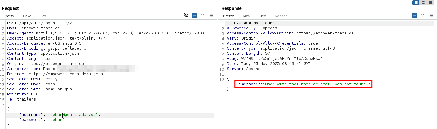 different error messages reveal valid usernames